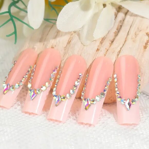 24Pcs Long Pink Press on Nails Coffin White French Tip Fake Nails - Picture 1 of 3